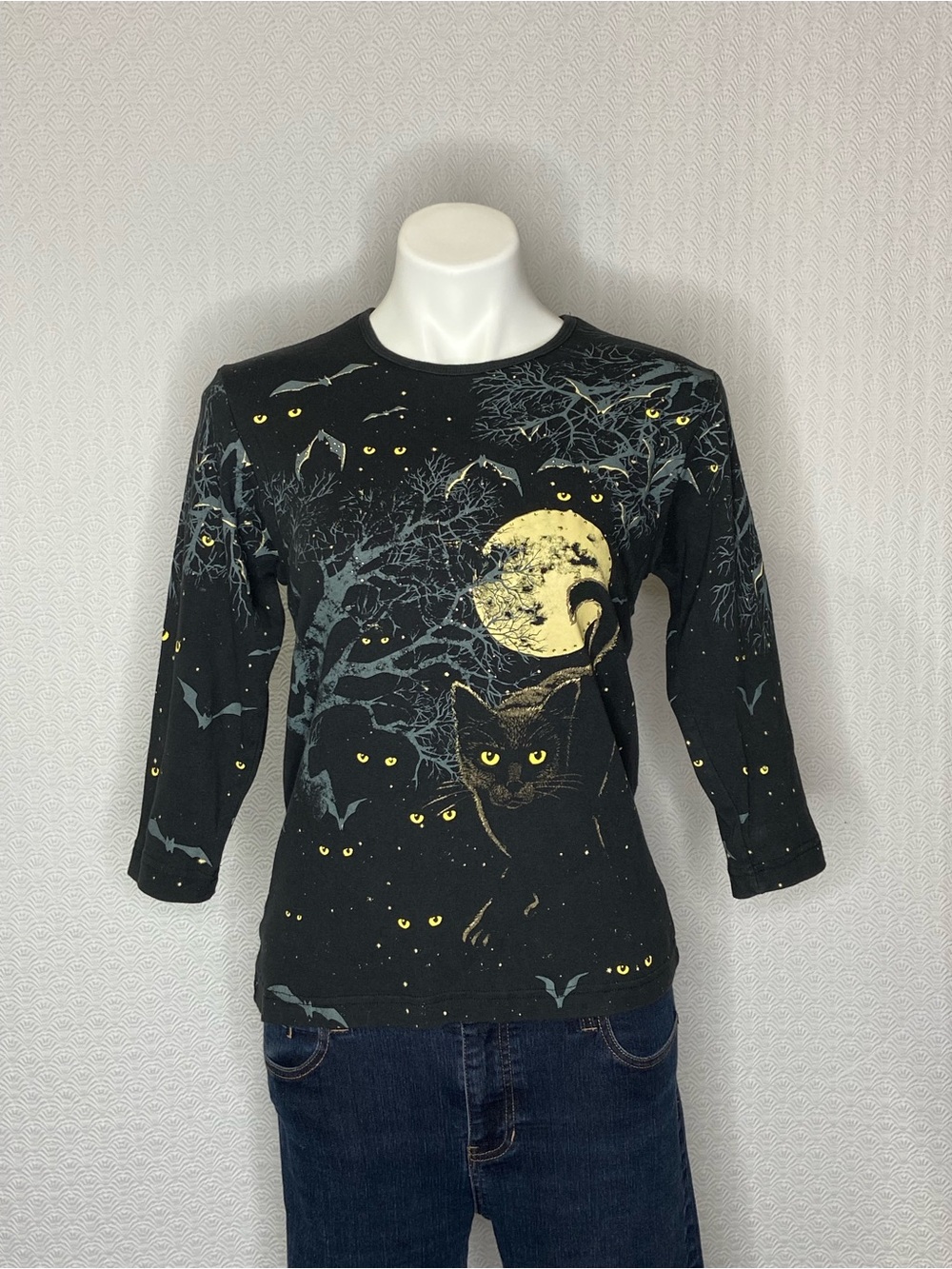 Halloween Graphic Tee 3/4 Sleeves Cat Moon Bats Rhinestones Crewneck Black Med